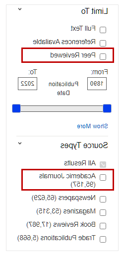 EBSCOhost中的同行评审和学术期刊限制器显示了一个复选框列表，重点是限制同行评审的文章和从学术期刊来源收集.